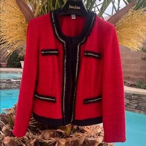 Chico's Tweed Red Blazer with Black and Gold Accents